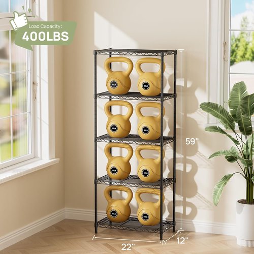 Golpart 5-Tier Heavy-Duty Metal Storage Shelves - 500LBS Capacity Wire Organizer Rack | 12"D x 22"W x 59"H Black
