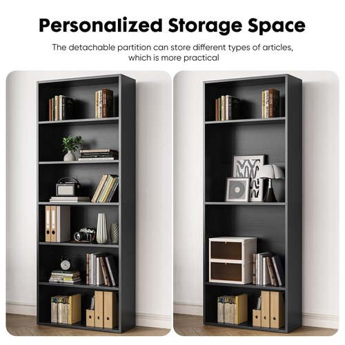 Sweetcrispy Industrial 6 Shelf Bookcase - Large 63 Inch Tall Floor Standing Open Bookshelf with Anti-Tipping Device for Home Office, Living Room, and Bedroom Storage, Black