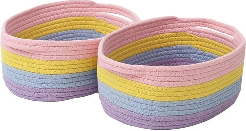 JMvicyroam Woven Storage Baskets - Small Rope Bins with Handles for Organizing Shelves | 2-Pack Rainbow Design