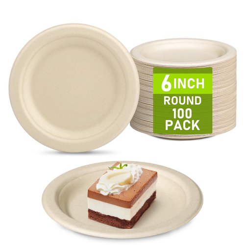 Uniecocus Small Paper Plates, 100 Pack Paper Plates 6 inch, 100% Compostable Plates Eco Friendly Disposable Plates, Small Dessert Plates, Brown