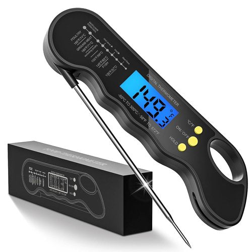 Instant Read Meat Thermometer - Fast, Accurate Digital Food Thermometer with Magnet & Backlight | Waterproof for Cooking, BBQ, Grilling, Baking (Black)