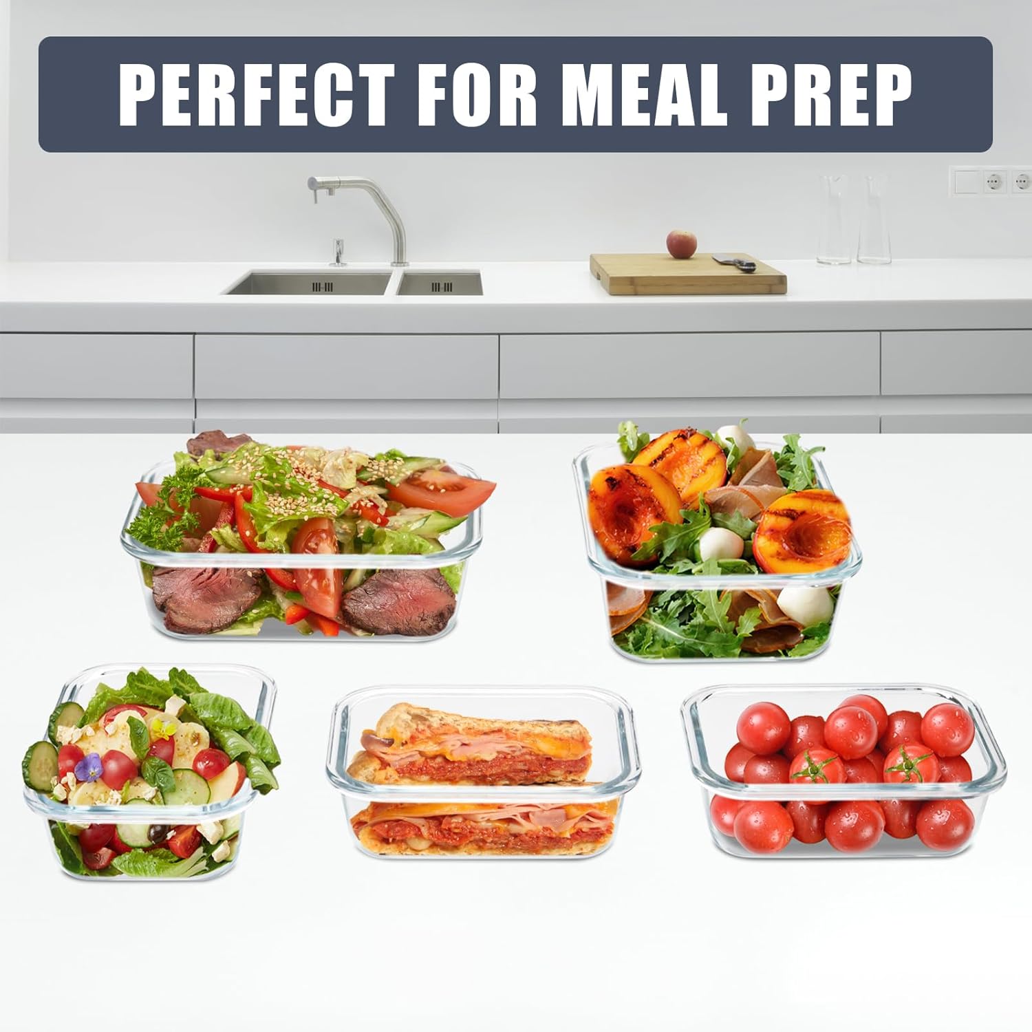 Skiennix 6 Pack Glass Food Storage Containers - Airtight Meal Prep Containers for Lunch & Leftovers, BPA Free (Grey)