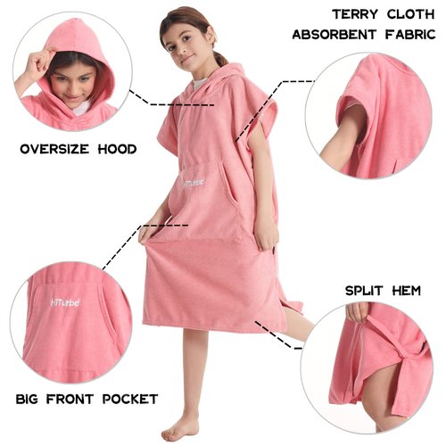 Hiturbo Kids Changing Towel Poncho: Quick Dry Absorbent Bath Towels Hoodie - Microfiber Swim Surf Poncho for Beach Pool Swimming Surfing - Pink