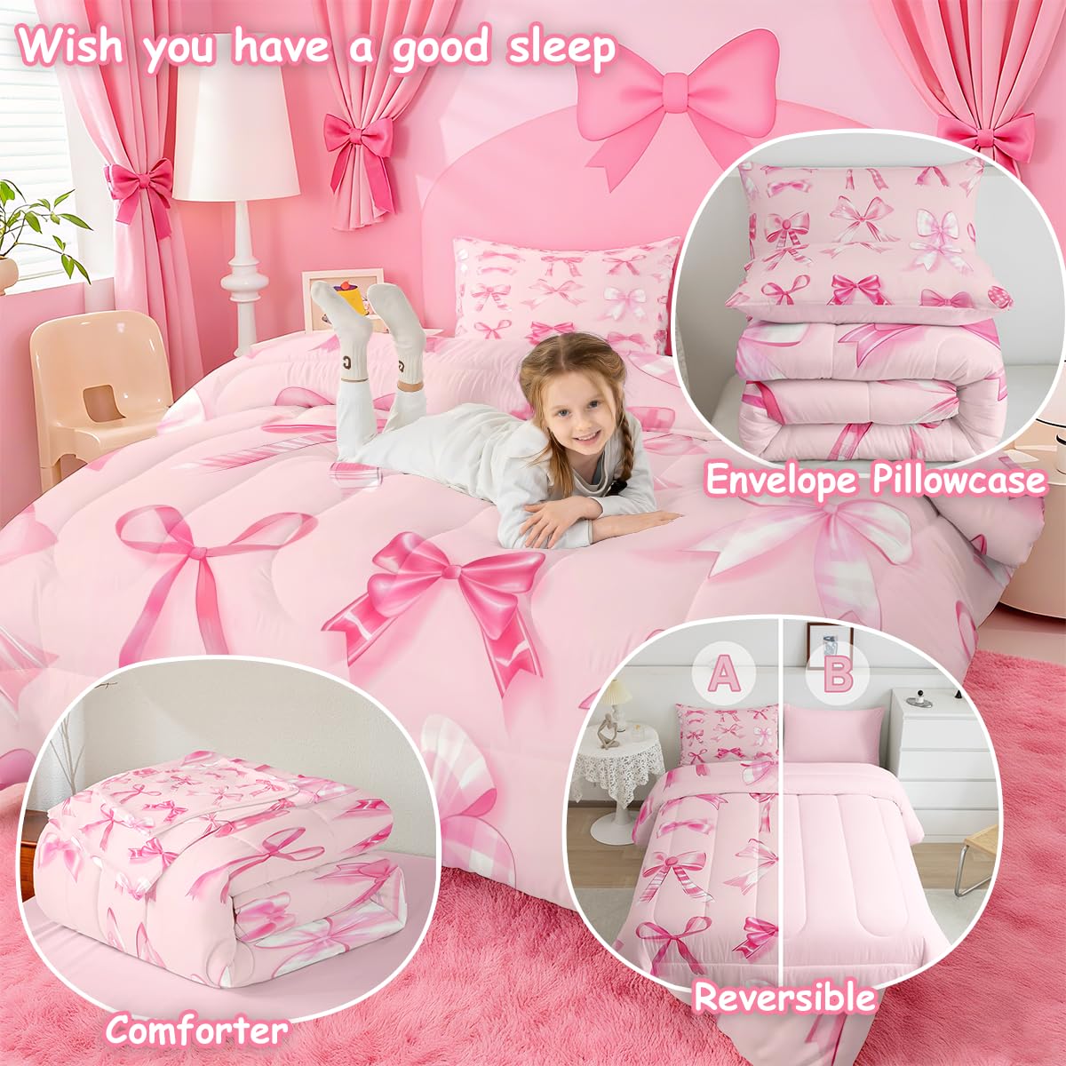 jejeloiu Pink Bow Bedding Set Twin Girls Bow Comforter Set for Kids Teens Girls Cute Bowknot Comforter Breathable Soft Lightweight Microfiber Kawaii Cute Pink Room Decor