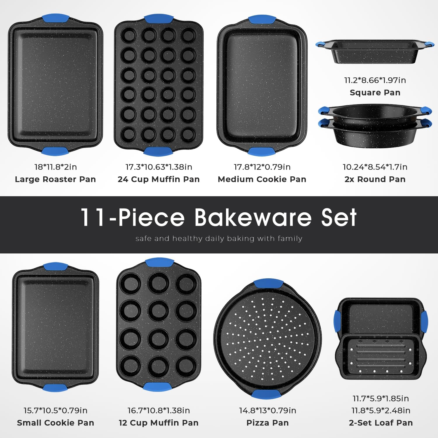 Skiennix 11-Piece Professional Baking Set - Oven-Safe Nonstick Cookware with Cool-Touch Handles | Black & Blue