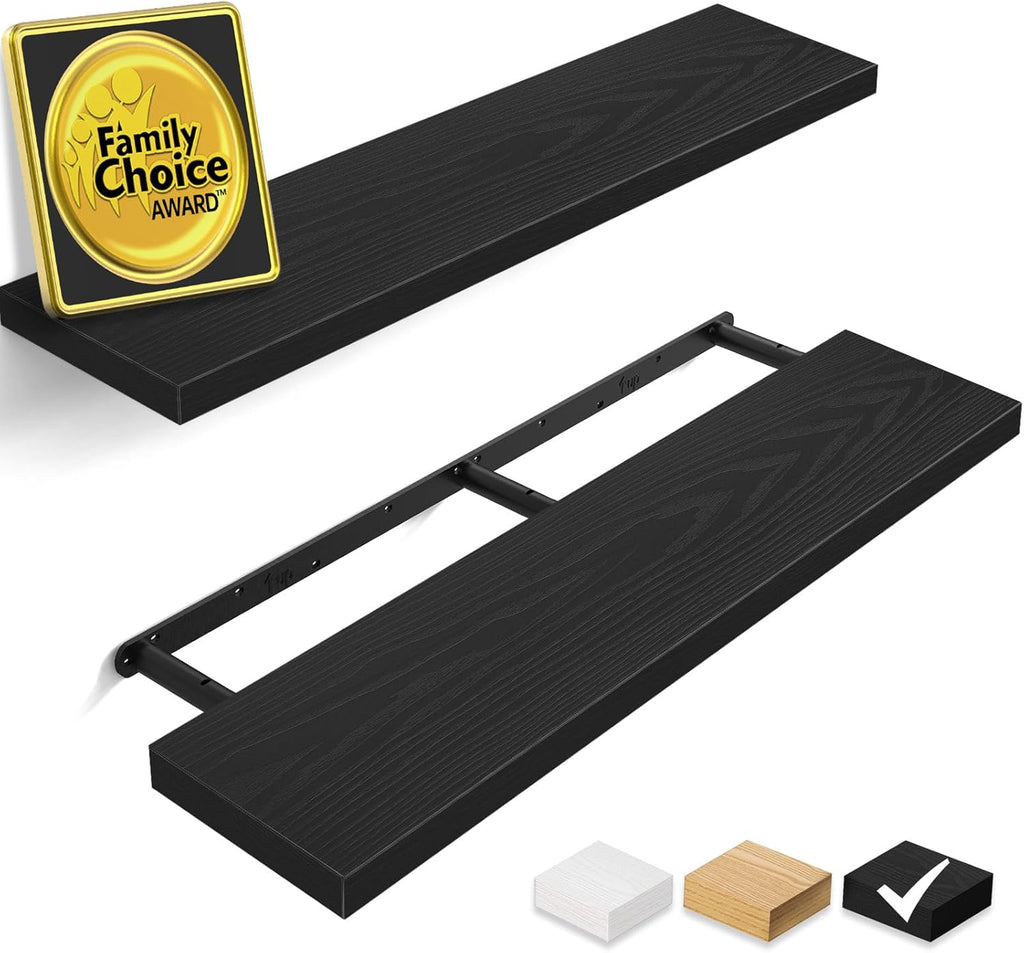 BAYKA Floating Wall Shelves - 36-Inch Rustic Wood Design for Home & Office | Set of 2 (Black)