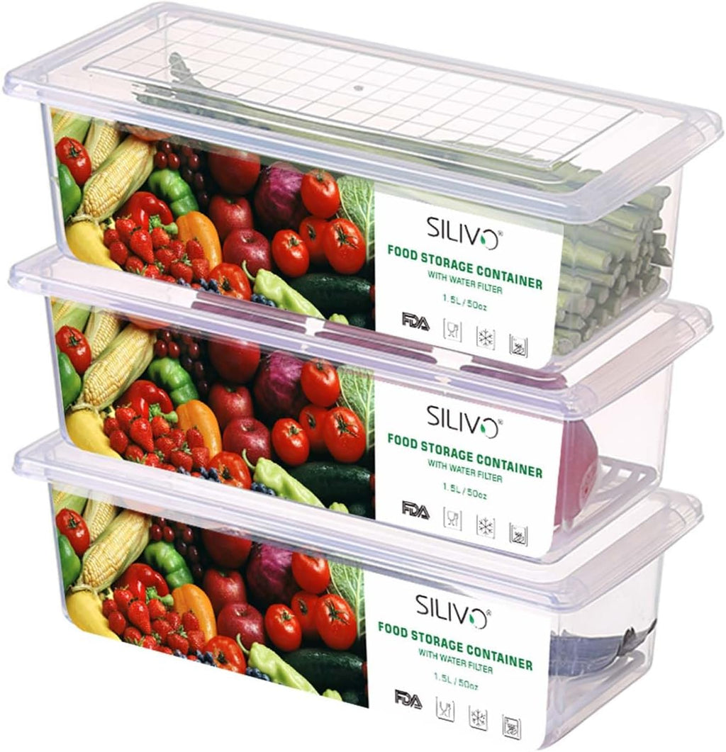 SILIVO Fruit Storage Containers - 1.5L Produce Saver with Removable Drain Tray | 3 Pack for Fresh Fruits & Vegetables