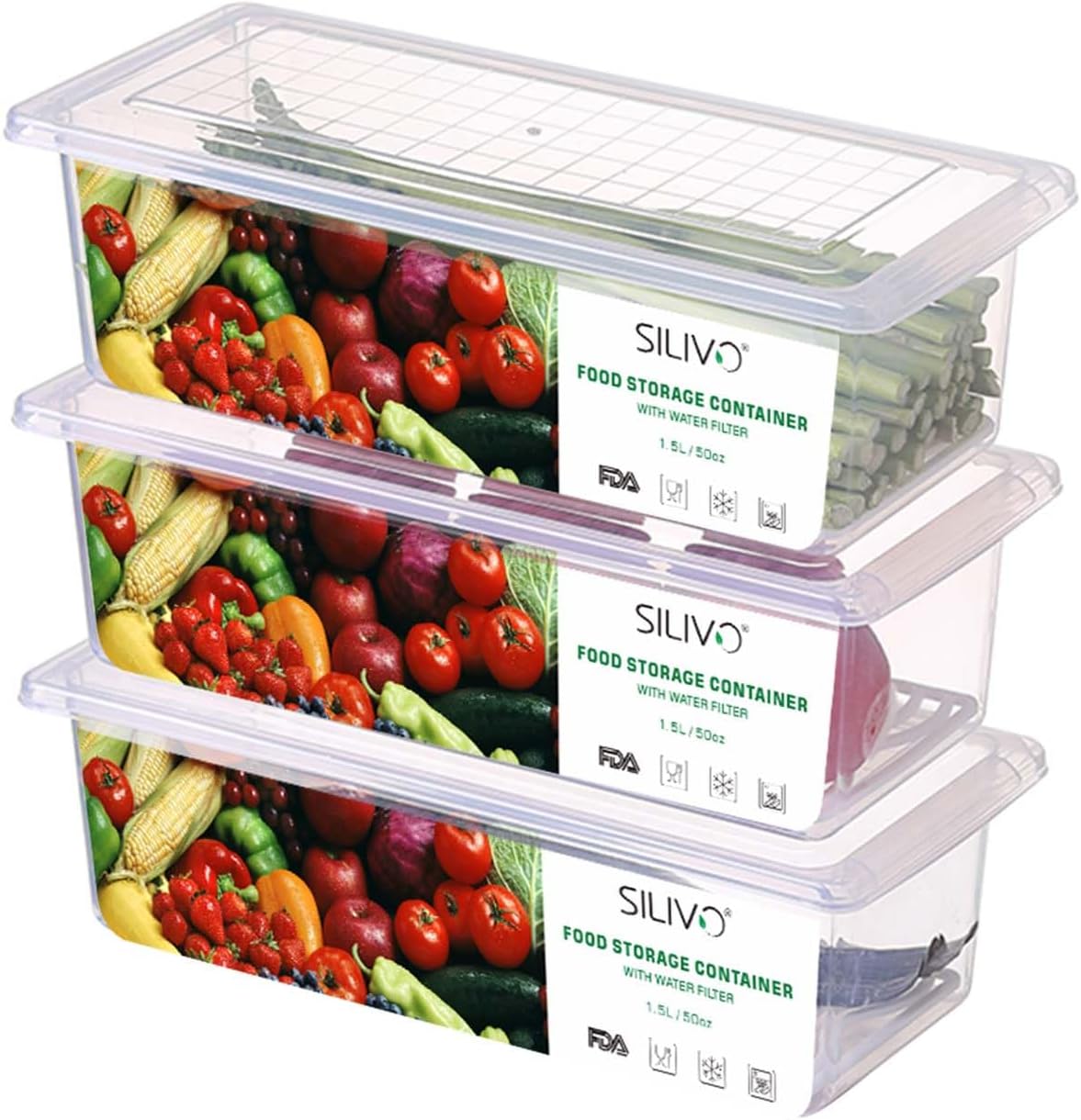 SILIVO Fruit Storage Containers - 1.5L Produce Saver with Removable Drain Tray | 3 Pack for Fresh Fruits & Vegetables