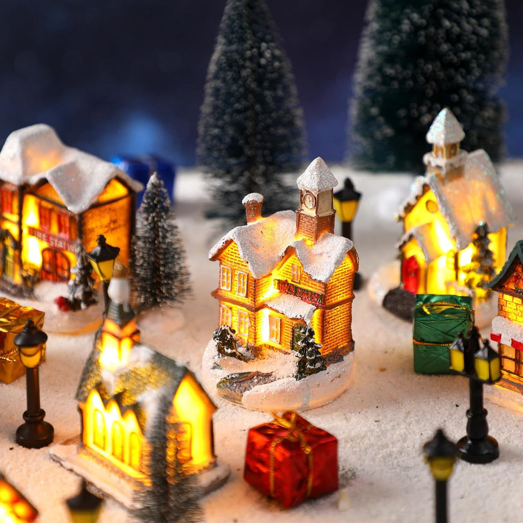 Shappy Christmas Village Houses Set - 48 Pcs with 10 LED Lights, Mini Trees & Snow Blanket