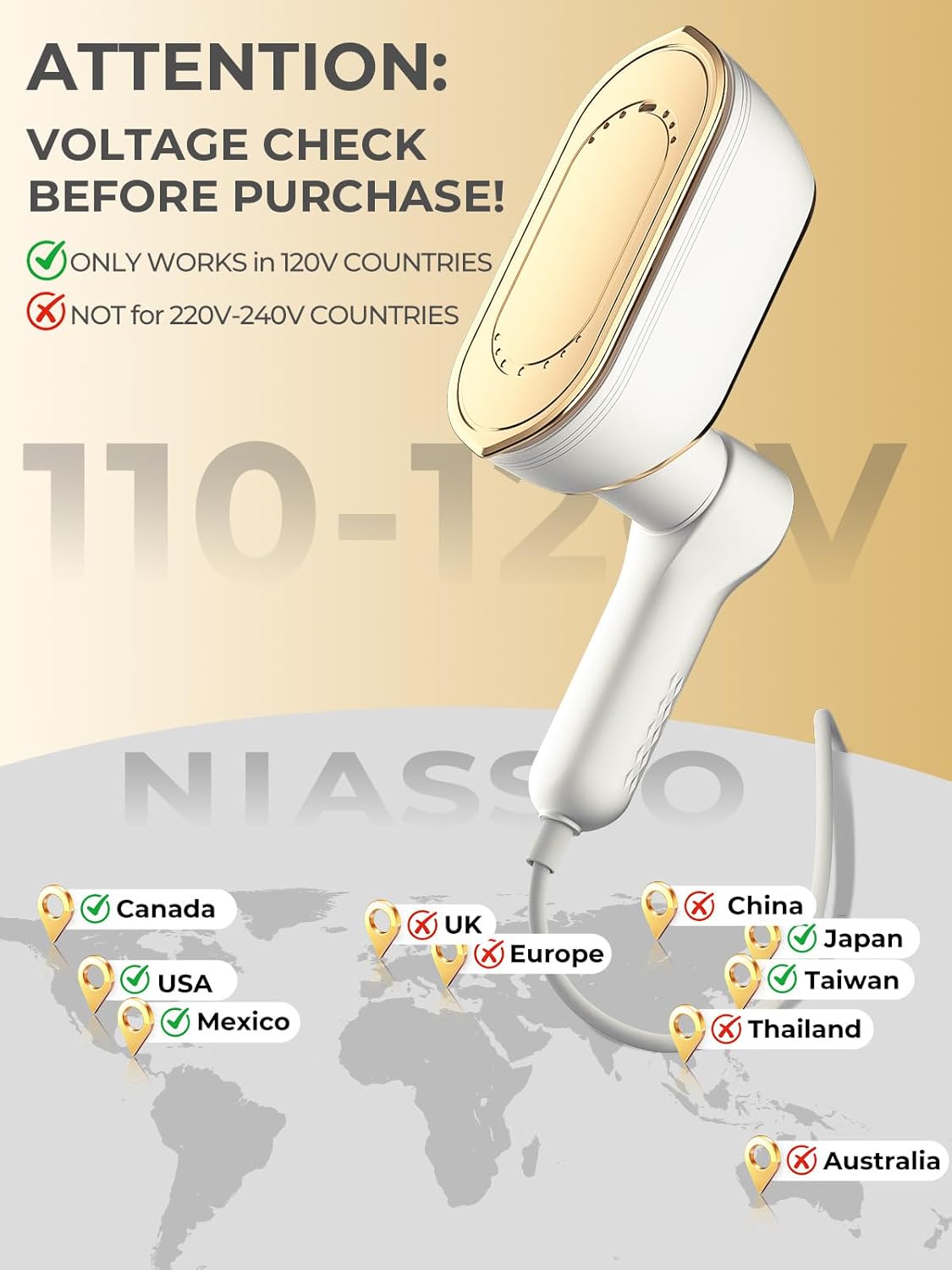 NIASSO Portable Travel Steamer - 1200W Handheld Fabric Steamer with LCD Display | 4 Modes, 150ml Tank, Fast Heat-Up