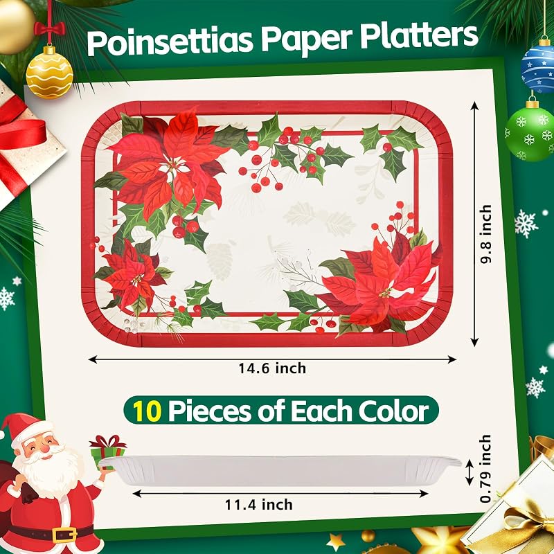 20 Count Christmas Poinsettia Paper Platters - 15 x 10.3 in Red/Green Heavy-Duty Disposable Trays (Variation: 20)