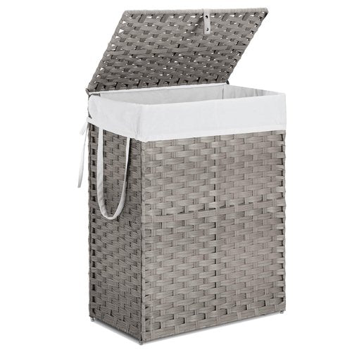 Laundry Hamper with Lid, 90 L Large Capacity Hamper, Rattan Laundry Basket with Compartments & Handles, Foldable, Removable Liner, Dove Gray