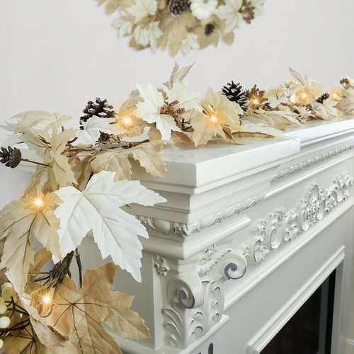 6 FT Realistic Fall Garland with Lights Timer Function Fall Leaves Maple Garland with Berries Pine Cones Autumn Automatic Fall Decorations for Home Mantle Fireplace Porch Table Decor