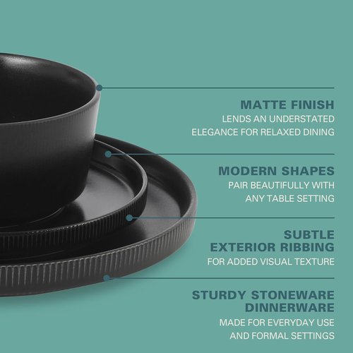 Gibson Home Dempsey Road 12-Piece Dinnerware Set - Modern Black Stoneware, Service for 4, Microwave & Dishwasher Safe