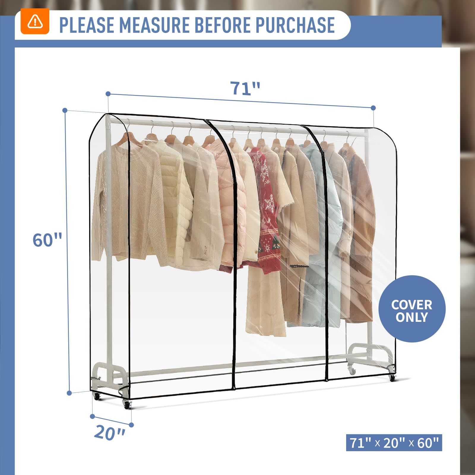 Moucas Clear Garment Rack Cover 71" L x 20" W x 60" H, Clothes Rack Cover with Reinforced Double Zippers, Waterproof PEVA Dustproof Protection – Cover Only, Rack Not Included
