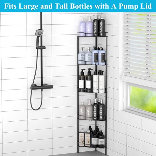 HuggieGems Corner Shower Caddy Organizer - 5 Tier Floor Standing Shelf with Hooks, Matte Black Finish