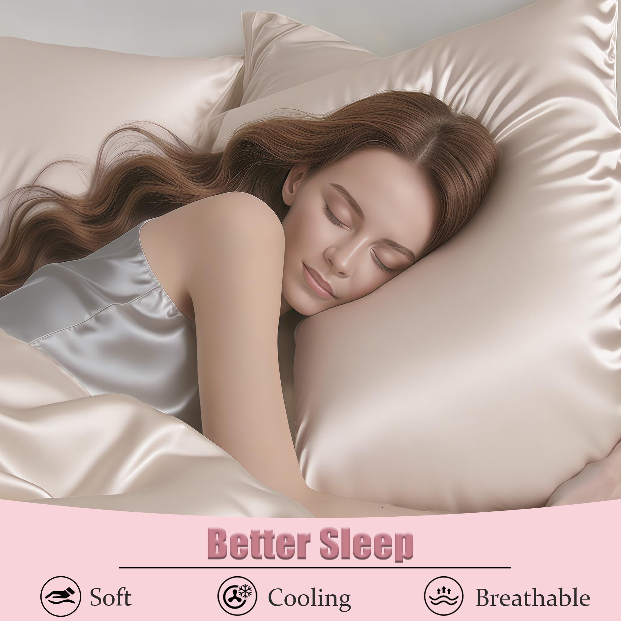 Mulberry Silk Pillow Cases with Zipper, Ultra Smooth Soft Breathable Cooling Pillow Cases for Hot Sleepers, Silk Satin Pillowcase for Hair and Skin, Gifts for Women (Beige, Standard Size, 1 Pack)