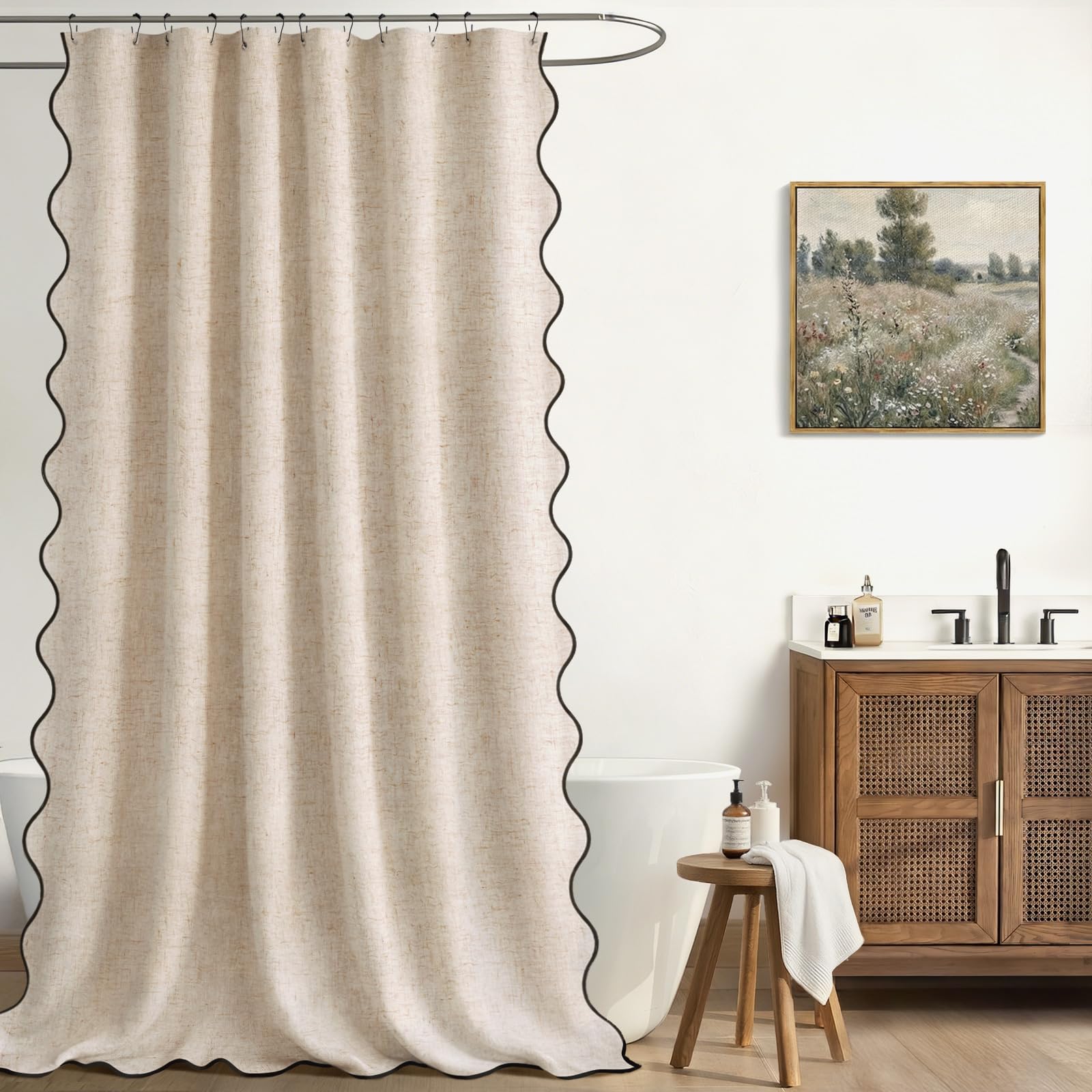 XOGUIBO Linen Shower Curtain Beige Cute Black Scalloped Boho Modern Shower Curtains for Bathroom Set, 72" W x 72" L