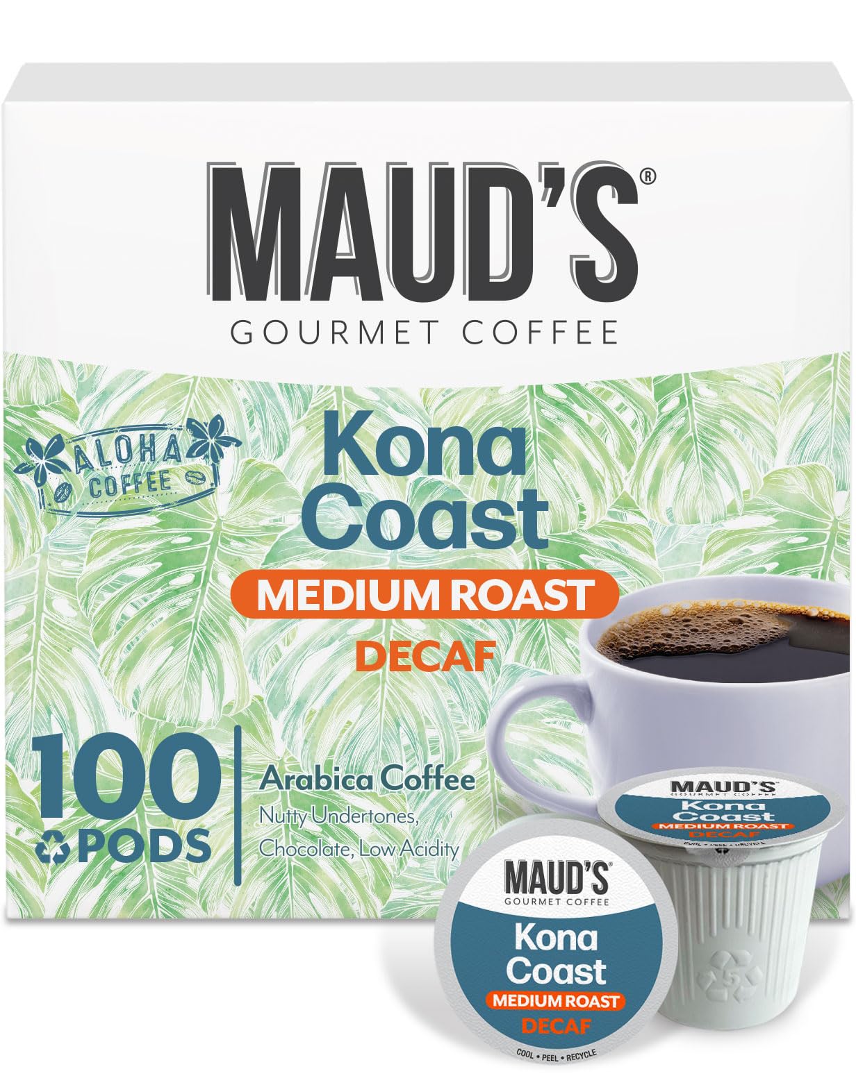 Maud's Decaf Kona Coffee Pods,100 ct, Decaffeinated Medium Roast Coffee in Single Serve Pods – 100% Arabica Coffee, Compatible with Keurig K Cups Maker