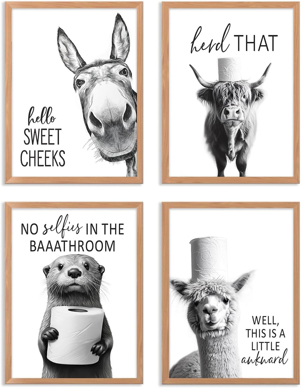 Regine Switzerland Funny Bathroom Wall Art - Rustic Black and White Animal Prints | Unframed 8x10 Inch Set of 4