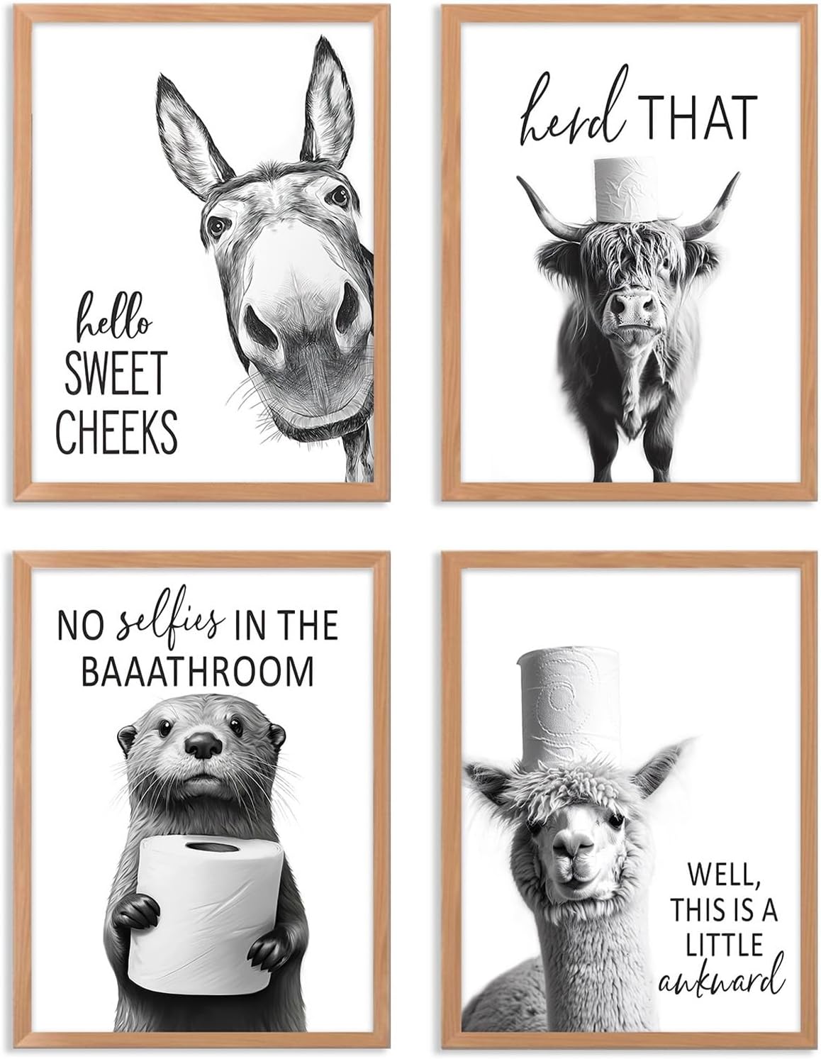 Regine Switzerland Funny Bathroom Wall Art - Rustic Black and White Animal Prints | Unframed 8x10 Inch Set of 4