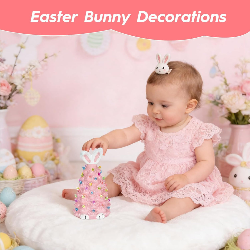 Skiennix Cute Ceramic Easter Bunny Tree Decor - Light Up Spring Tabletop Decoration for Kids (Pink)