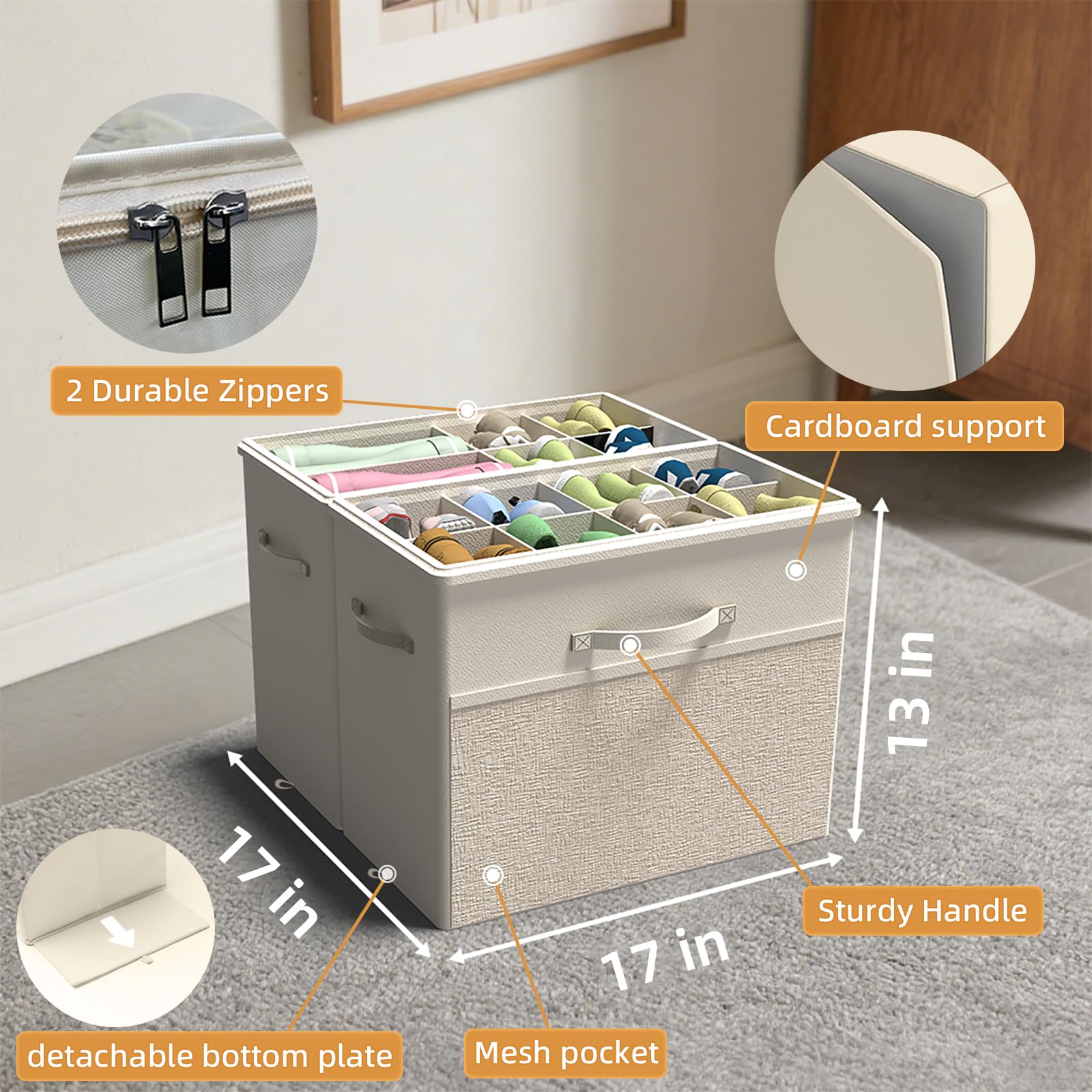 BFLBFL 2 Pack Shoe Organizer for Closet, Clear Foldable Shoe Storage Containers Fits 14 Pairs,Shoe Storage Bins Baskets Boxes with Reinforced Handles Beige Shoes Organize