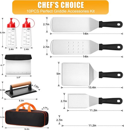 CEKEE Griddle Accessories Kit - 10-Piece Flat Top Grill Set with Smash Burger Press & Spatulas for Outdoor BBQ