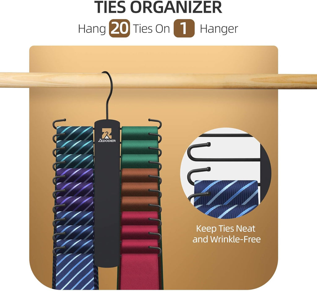 ZEDODIER Tie Hanger - Space-Saving Necktie Organizer with 40 Hooks | Large Capacity Black Wooden Hanger