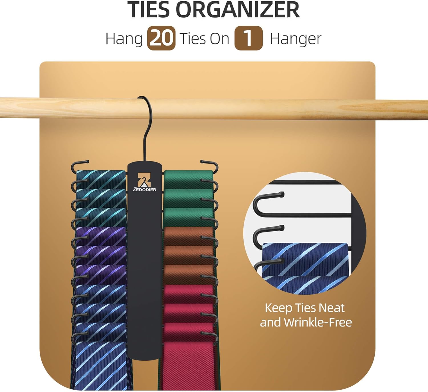 ZEDODIER Tie Hanger - Space-Saving Necktie Organizer with 40 Hooks | Large Capacity Black Wooden Hanger