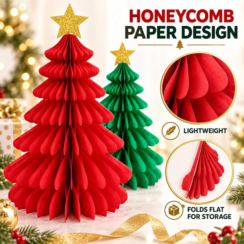 2-Piece Christmas Tree Honeycomb Paper Ornaments - Red & Green