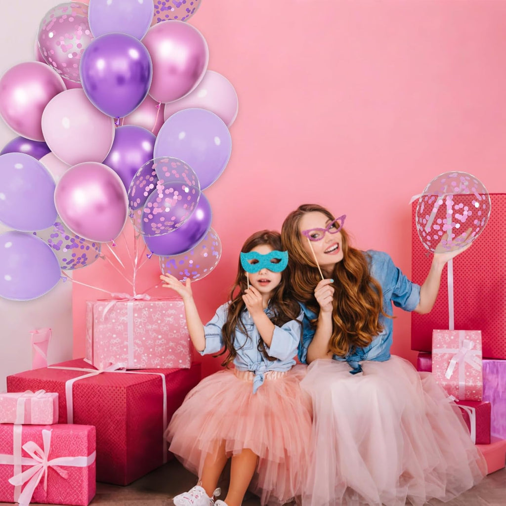 Skiennix 68Pcs Pink & Purple Balloons - 12 Inch Metallic Latex & Confetti for Birthday & Wedding Decor