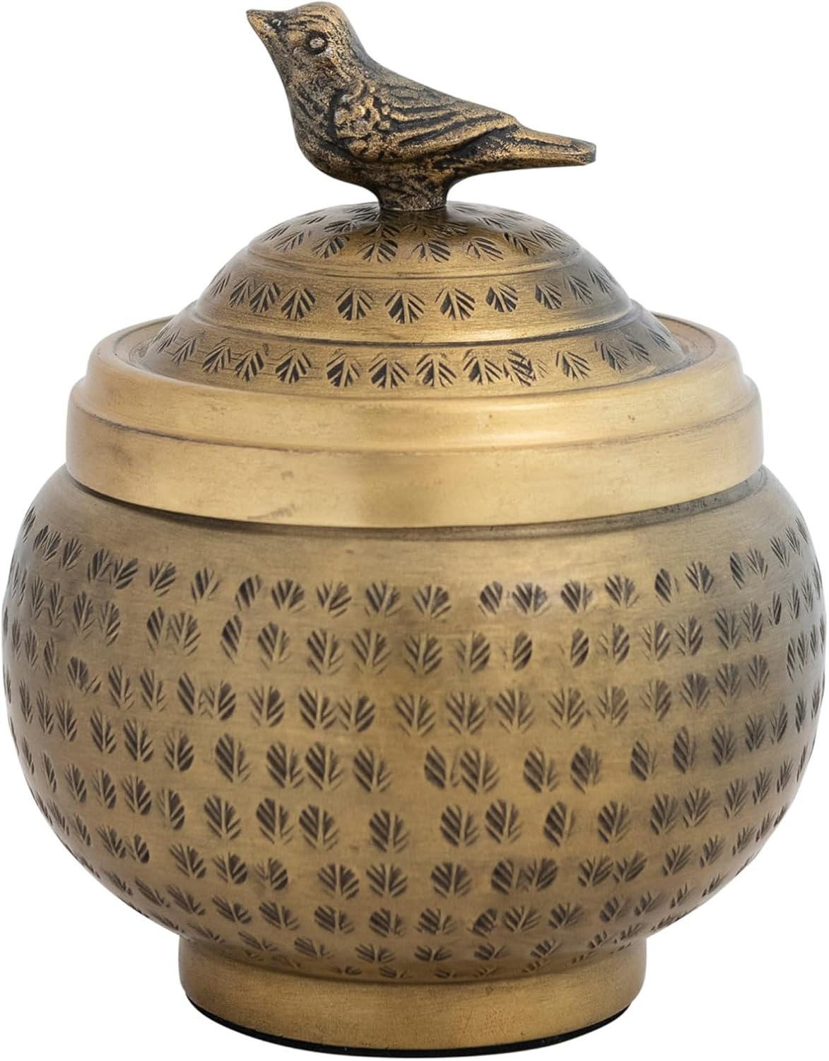 Round Hammered Metal Container - Bird Finial Design in Elegant Brass Finish