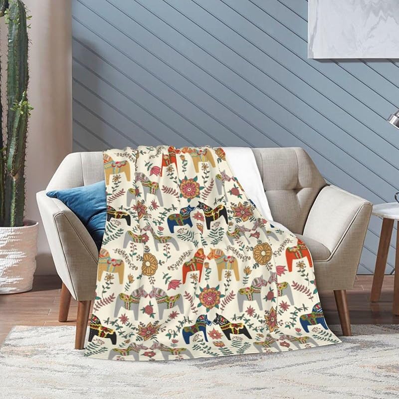 Horse Throw Blanket 80x60 Inches - Swedish Dala Horses Gift for Men Women Kids - Light Wool-Feel Flannel