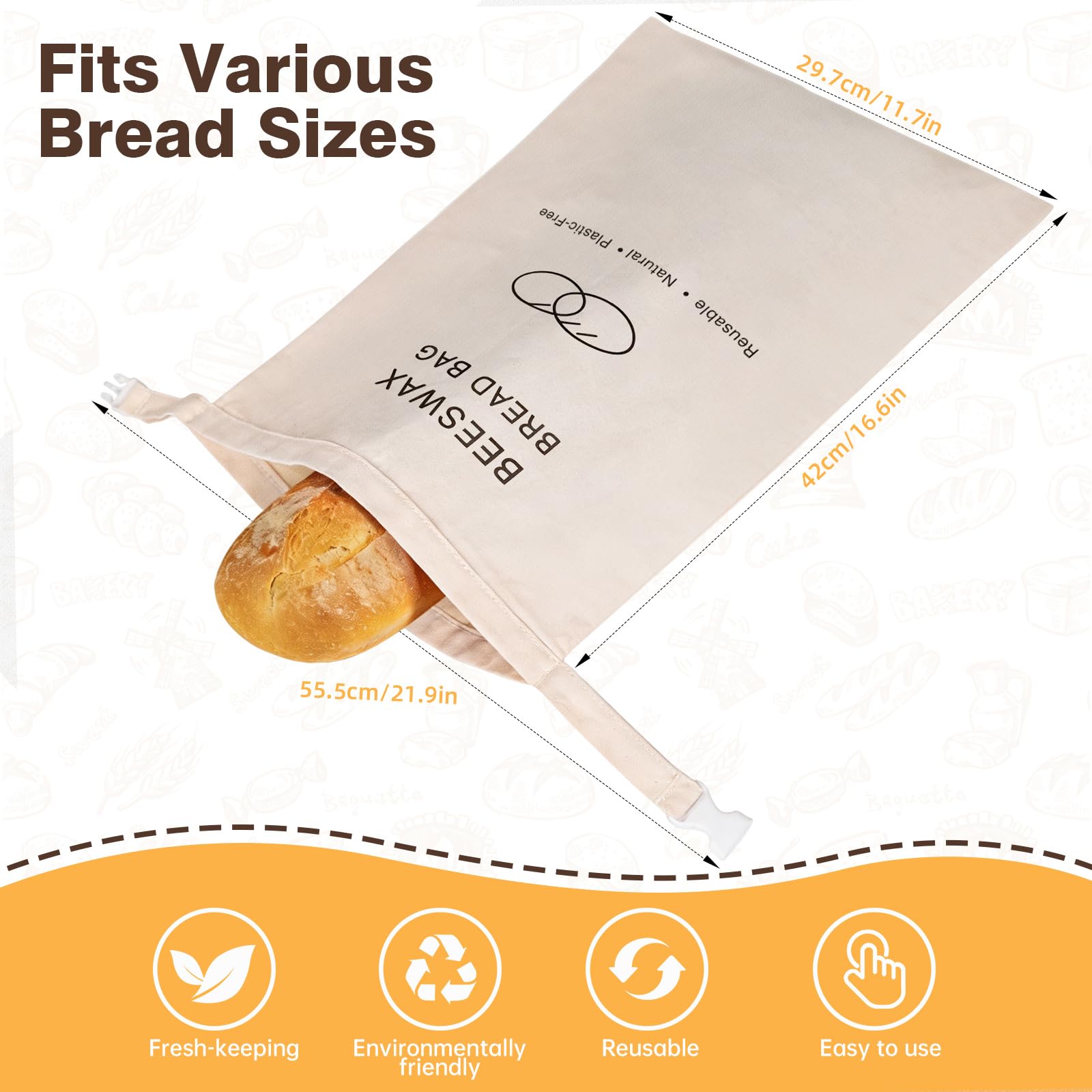 2 Pack Beeswax Bread Bag for Sourdough, Reusable Beewax Bread Bags, Organic Cotton Sourdough Bread Bags for Homemade, Keep Bread Fresh, Freezing Safe with Cleaning Brush-Care