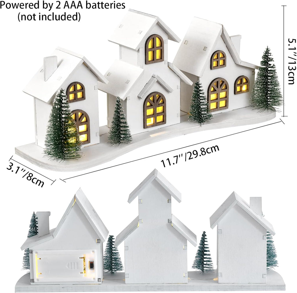 White Christmas Village House Decoration - LED Lights & Wooden Centerpiece | Mini Winter Town Xmas Decor