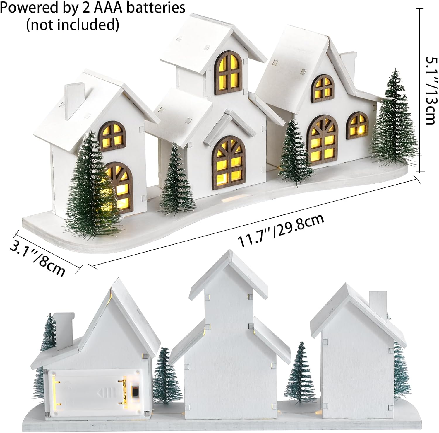 White Christmas Village House Decoration - LED Lights & Wooden Centerpiece | Mini Winter Town Xmas Decor