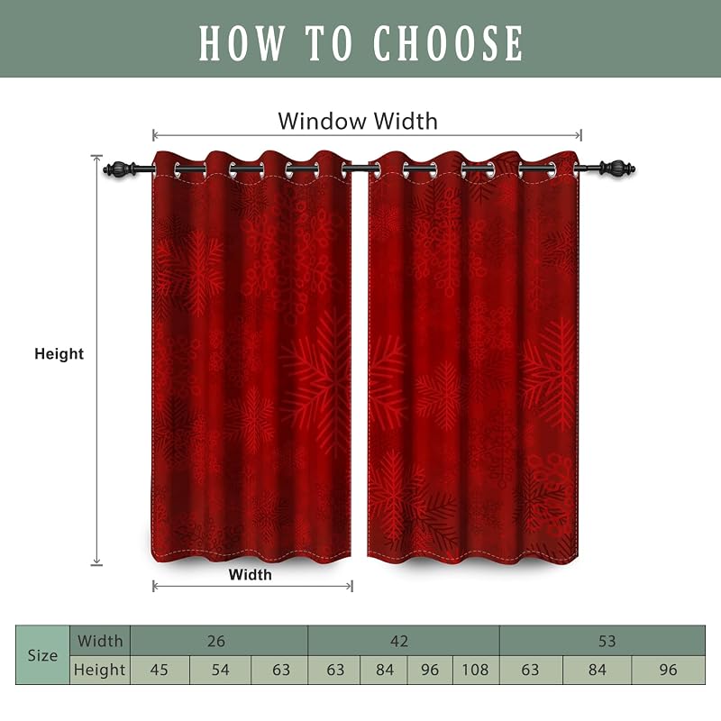 Red Christmas Window Curtains 42 x 63 in 2 Panels Thermal Blackout 80-90% Light Blocking