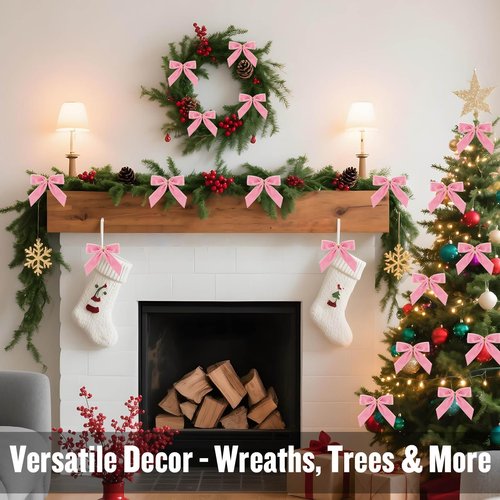 24 Pack Pink Velvet Twist Tie Bows for Christmas Tree, Pre-Tied Small Christmas Bows for Wreath, Tree, Gift Wrapping, Treat Bags, DIY Craft, Party Favors, Home Decoration (3.5x3.5Inch, 1" W)