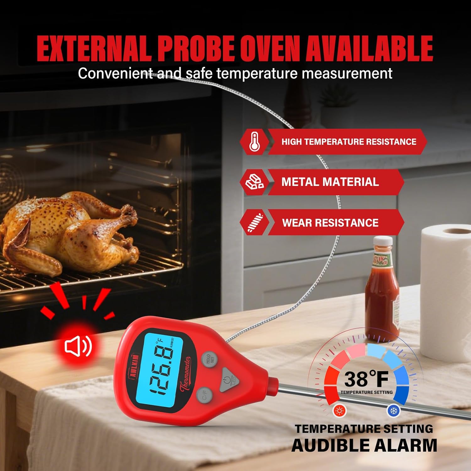 AWLKIM Digital Meat Thermometer - Rechargeable Instant Read with 40-Inch Probe | IP67 Waterproof, Audible Alarm