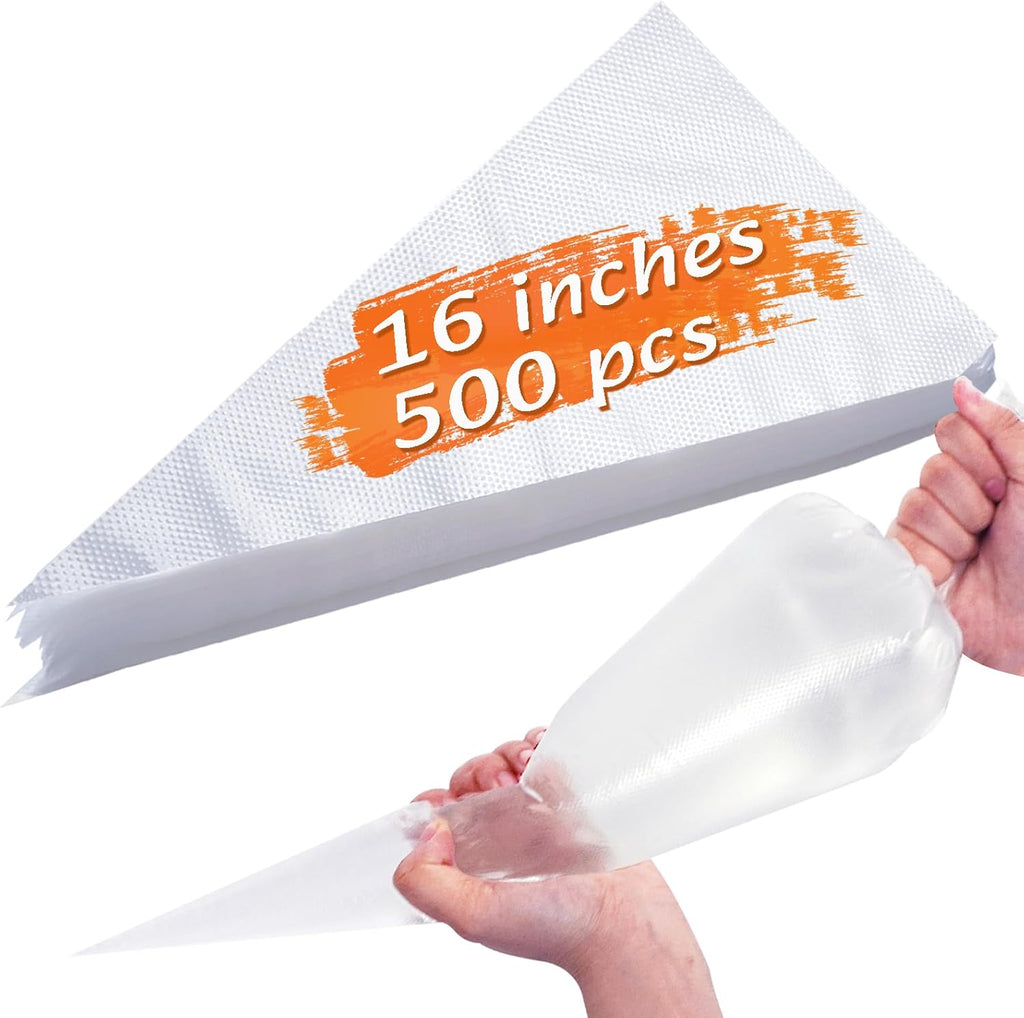 Skiennix Disposable Piping Bags - Thickened Large 16-Inch Bags for Cake Decorating & Icing (500 Pcs)