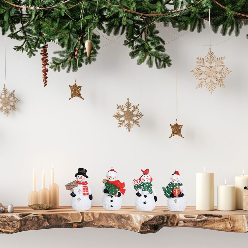 MEETYAMOR Christmas Snowman Ornaments - 4 PCS Rustic Resin Figurines for Indoor Decor | Farmhouse Style