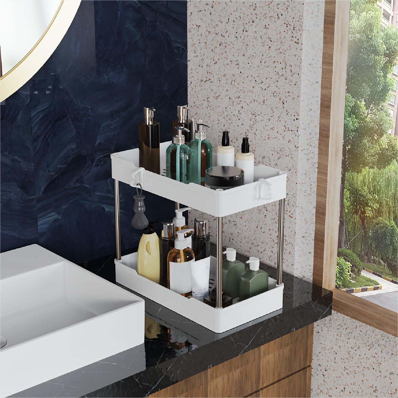 Skiennix Under Sink Organizers - 3 Pack 2-Tier Bathroom Cabinet Shelf with Hanging Cups | White