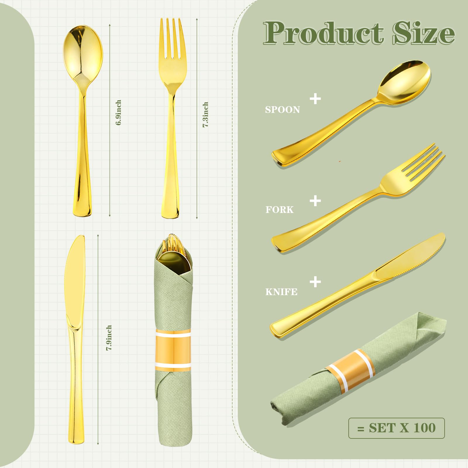 Zubebe 100 Pack Pre Rolled Silverware Set Disposable Wrapped Plastic Cutlery Set with Napkin Disposable Utensils Includes Forks Knives Spoons Napkins Wrapped for Party Dinners Wedding(Gold, Green)