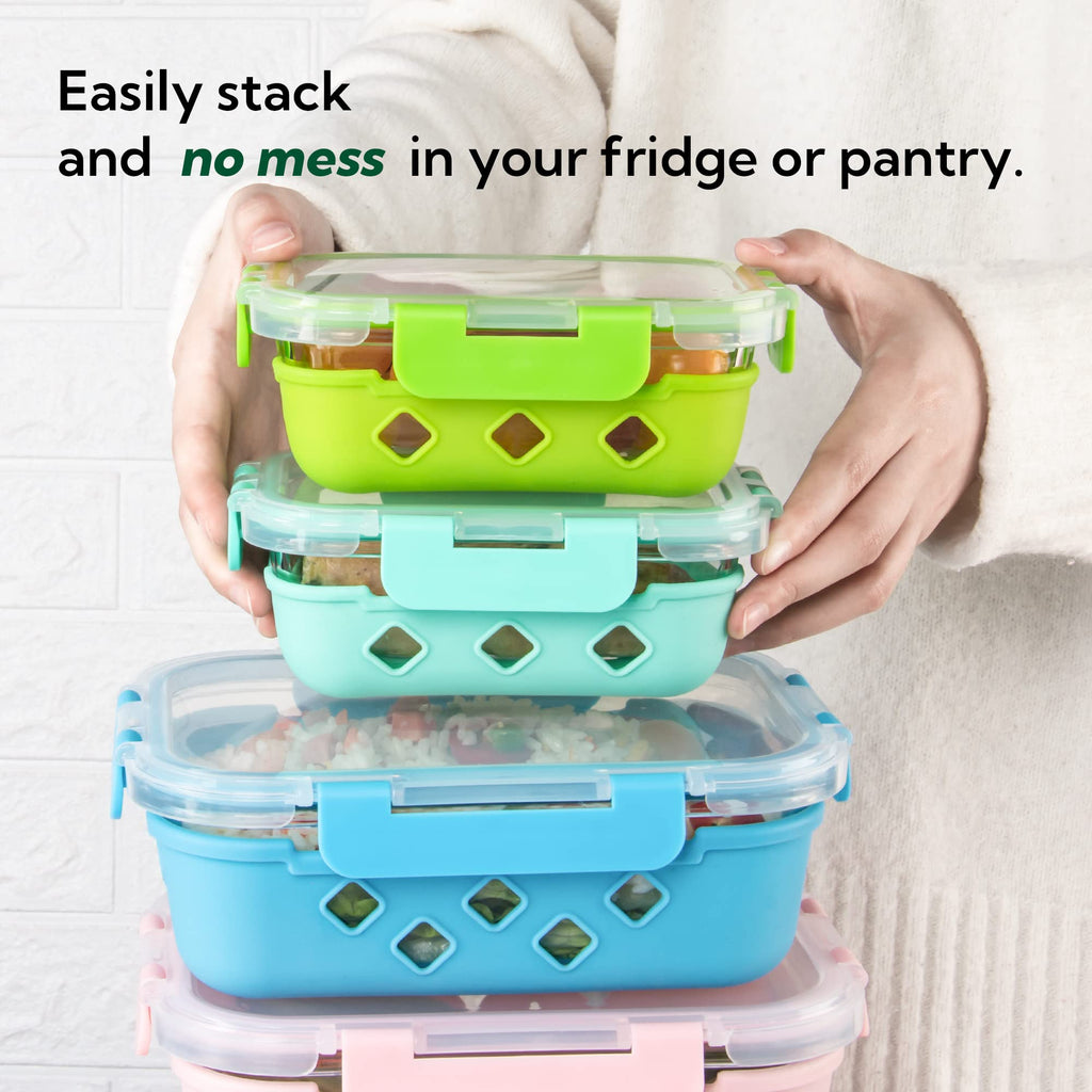 YARYOUNG 10 Pack Glass Meal Prep Containers with Removable Silicone Sleeves,Food Storage Container Set with Airtight Lids (34oz+12oz)