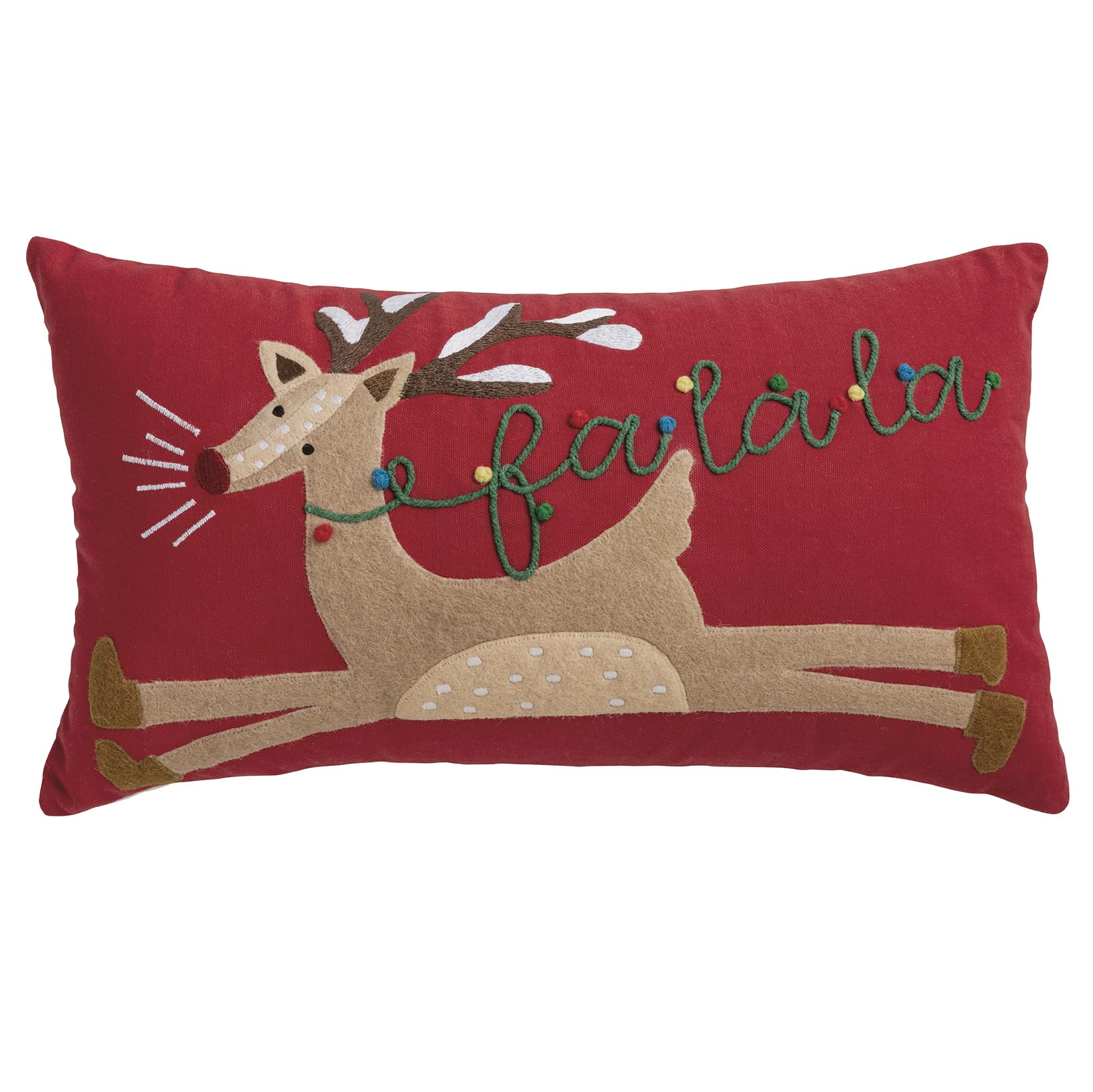 Mud Pie Christmas Felt Appliqué Reindeer Pillow, 11" x 20", RED