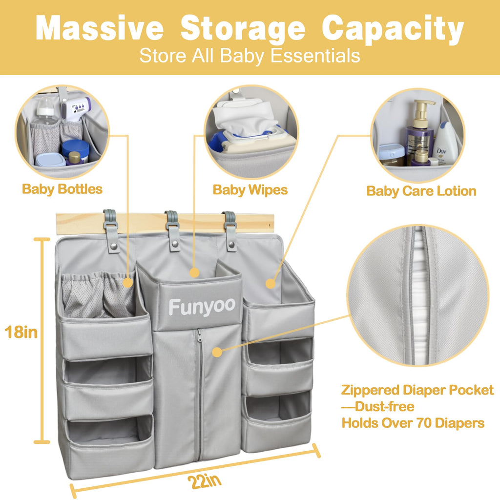 Funyoo Baby Hanging Diaper Organizer for Changing Table and Crib - Holds 70+ Diapers & Essentials, Heavy Duty Stacker Storage for Playard, 22.4" L x 18.1" W x 5.9" H