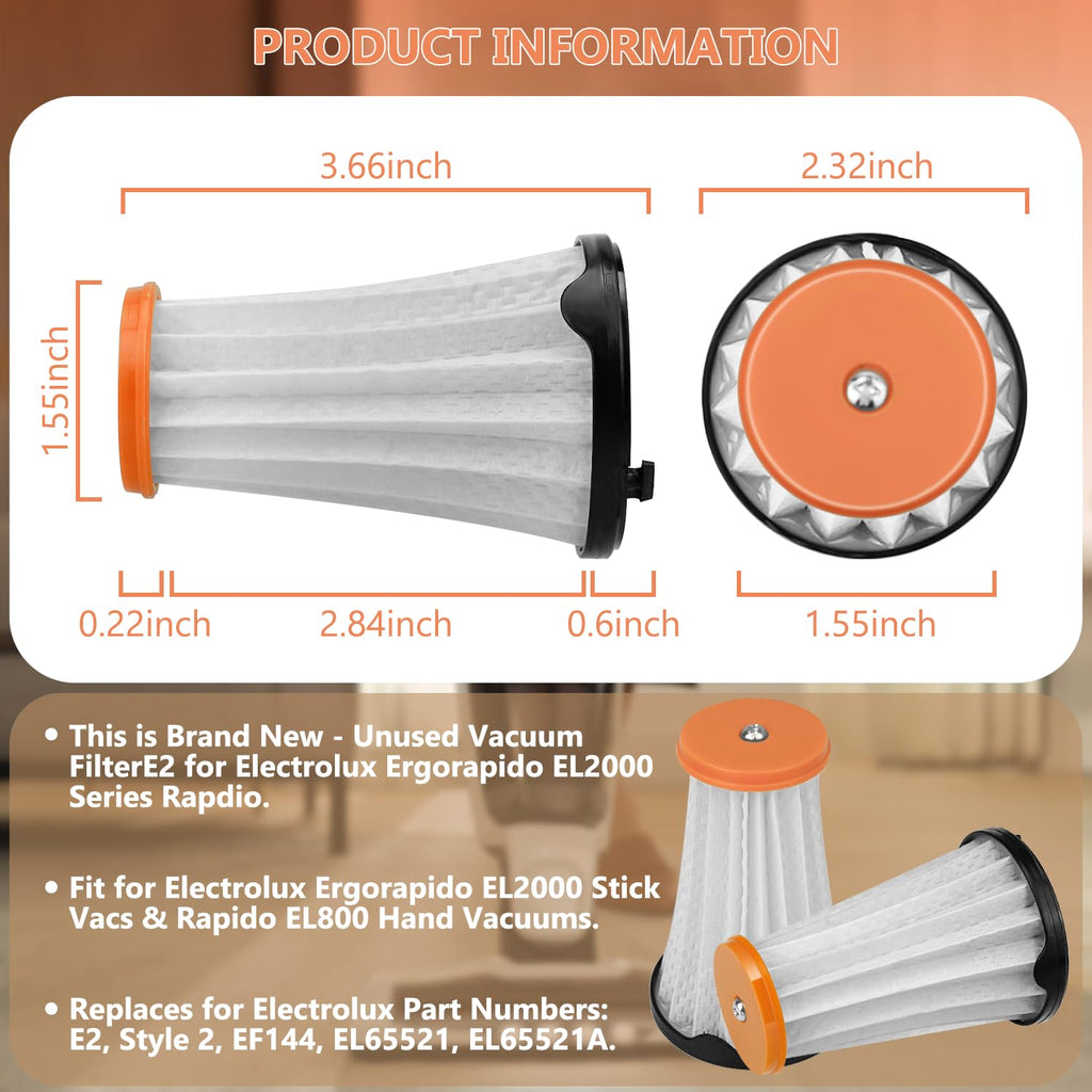 HASMX Vacuum Filter E2 Replacement for Electrolux Ergorapido EL2000 Stick Vacs & Rapido EL800 Hand Vacuums, Vacuum Cleaner Filter Replaces Part Numbers: E2, Style 2, EF144, EL65521, EL65521A (2-Pack)