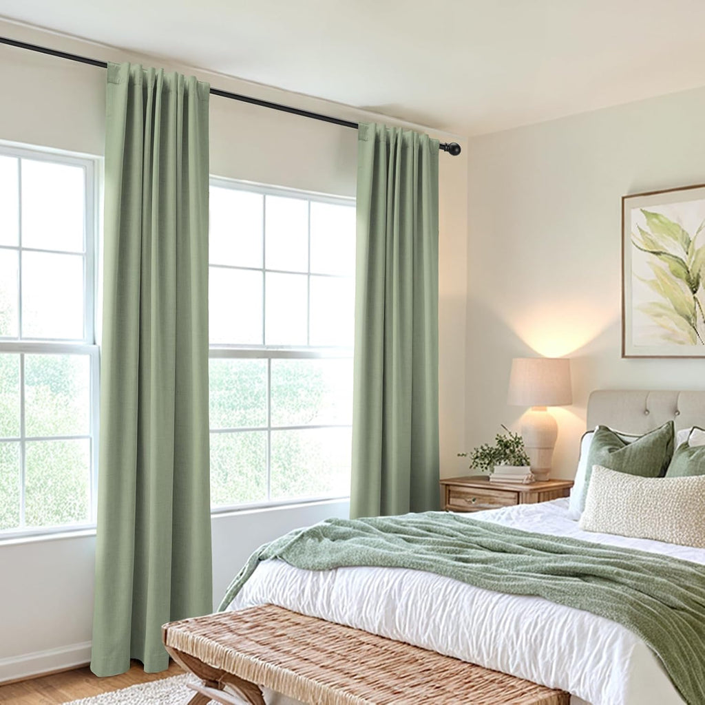 Skiennix 100% Blackout Linen Curtains - Thermal Insulated Drapes for Bedroom | 2 Panels Set, 50" W x 96" L, Sage