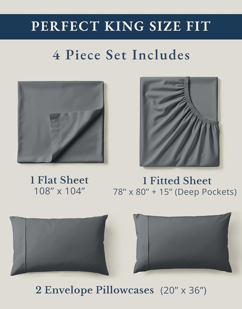 **LANE LINEN 100% Organic Cotton King Size Sheets - Soft, Comfy, Eco-Friendly & Machine Washable - Charcoal**